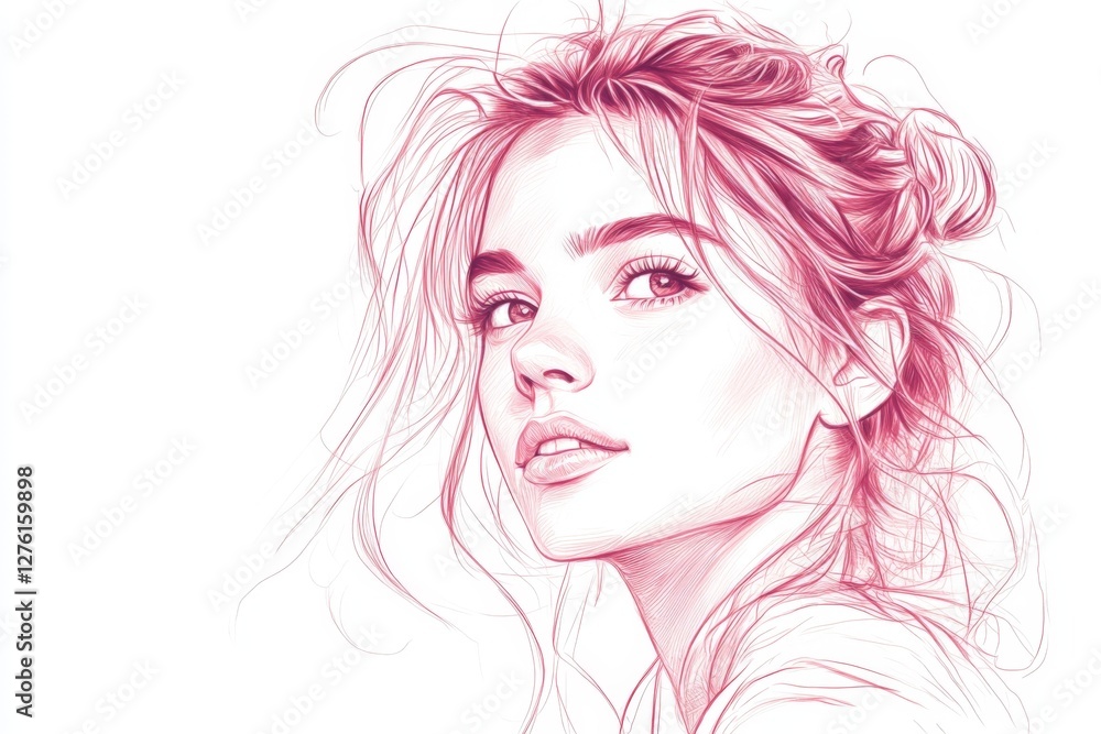Artistic sketch of a young woman with flowing hair and expressive features captured in soft pink tones Artistic sketch of a young woman with flowing hair and expressive features captured in soft pink tones