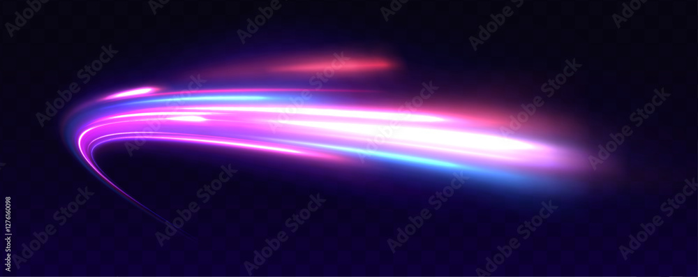 Neon color glowing lines background, high-speed light. Modern abstract high-speed light motion effect on a black background, featuring neon stripes in the form of drills, turns, and swirls.
