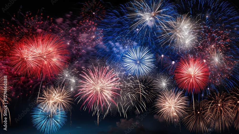 Fototapeta premium night red white and blue fireworks
