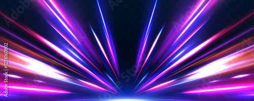 Vector speed of light in space on dark background. Abstract background in blue, yellow and orange neon colors. Neon stripes in the form of drill, turns and swirl.	