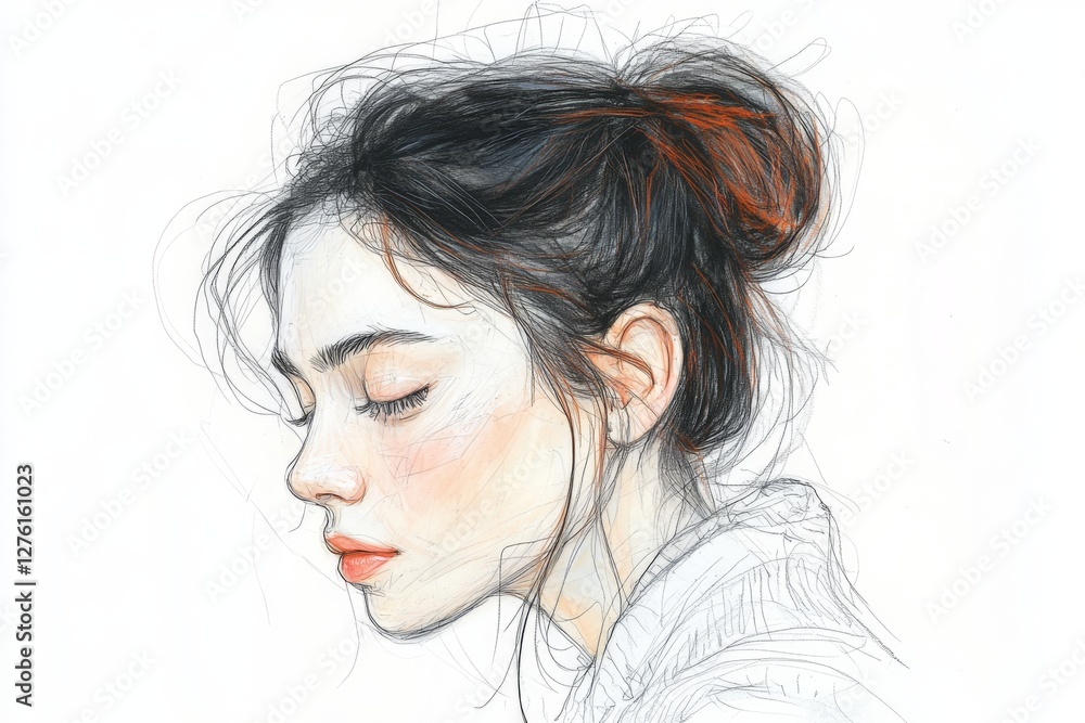 Young woman with a bun hairstyle gazing thoughtfully to the side amid soft, sketched outlines in a creative art piece Young woman with a bun hairstyle gazing thoughtfully to the side amid soft, sketched outlines in a creative art piece