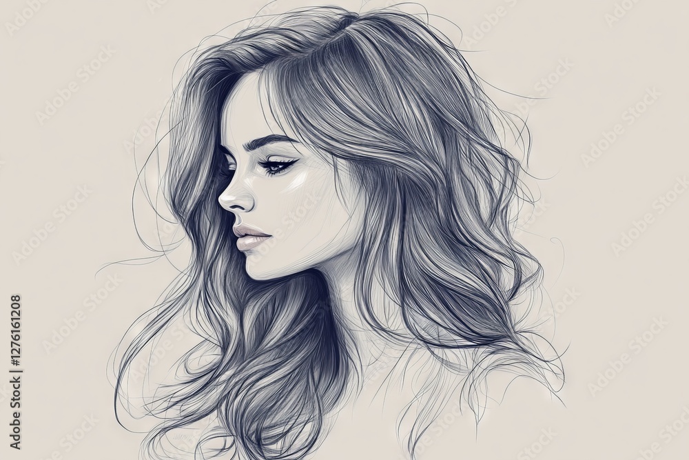 Detailed sketch of a young woman with flowing hair captured in a side profile view showcasing elegance and beauty Detailed sketch of a young woman with flowing hair captured in a side profile view showcasing elegance and beauty