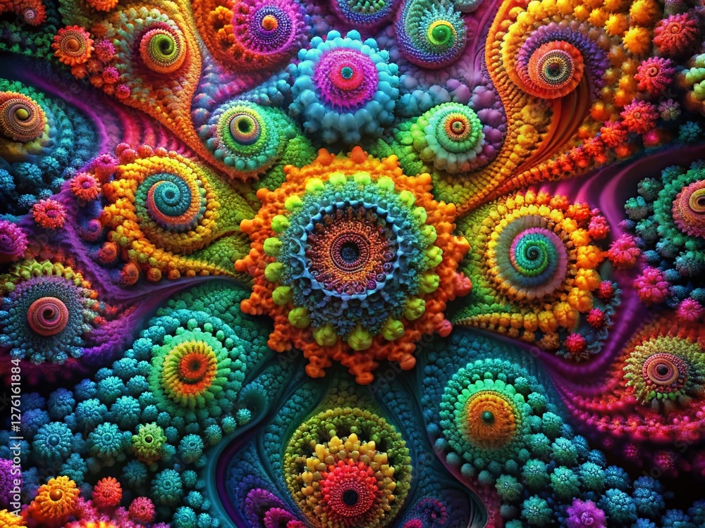 Drone View: Multicolored Abstract Fractal 3D Render on Black Background Drone View: Multicolored Abstract Fractal 3D Render on Black Background