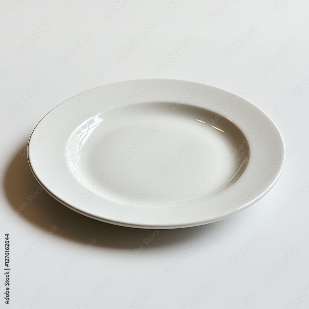A single white ceramic plate on a clean white background, realistic lighting A single white ceramic plate on a clean white background, realistic lighting