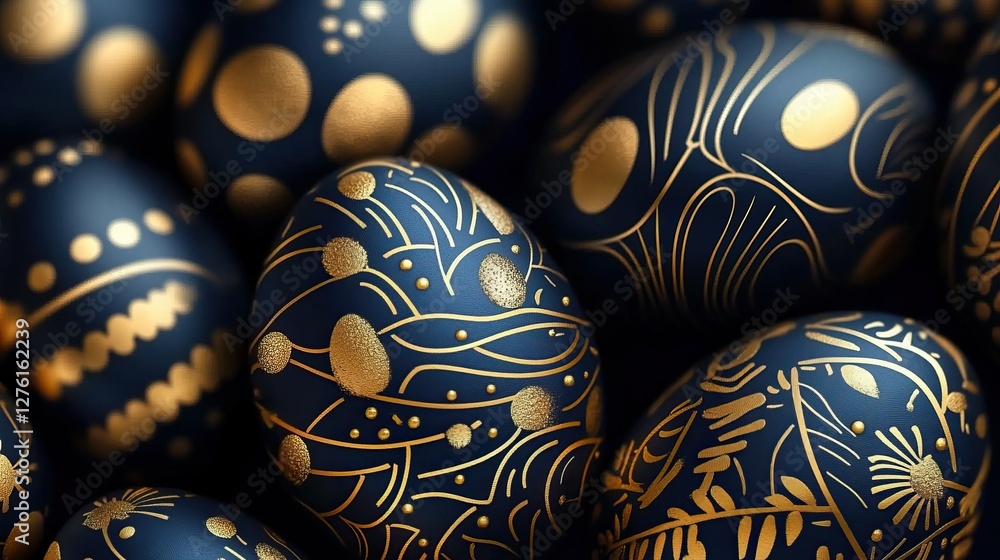 Elegant dark blue and gold easter eggs with ornate patterns for a celebratory and eco-friendly easter concept Elegant dark blue and gold easter eggs with ornate patterns for a celebratory and eco-friendly easter concept