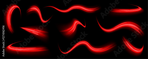 Neon swirls in a big set abstract technology background with red neon light  Dynamic motion stripes luminous fiery trails. Vector illustration for modern visuals.