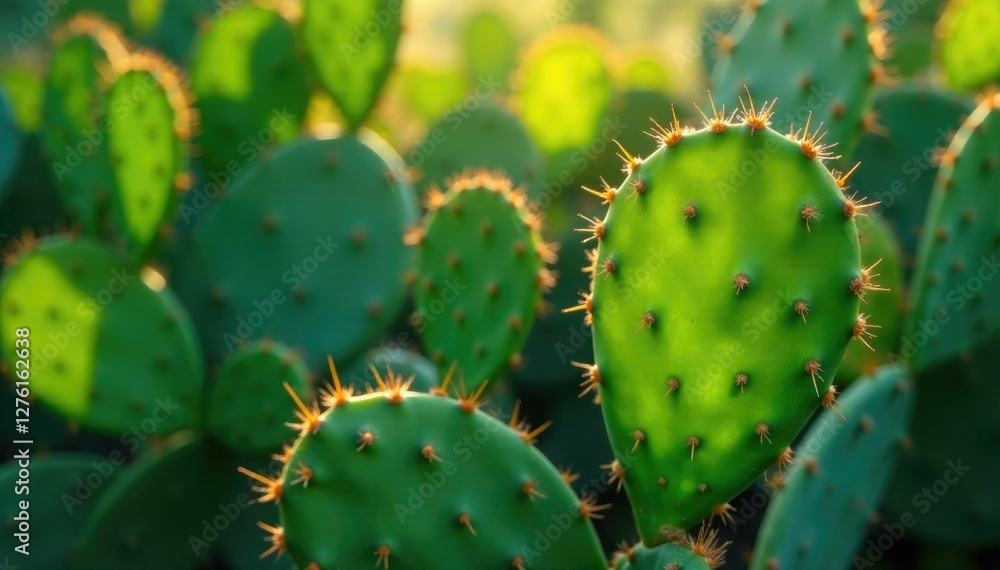 Dappled sunlight on Opuntia cactus leaves with spines, cactus, spines, opuntia Dappled sunlight on Opuntia cactus leaves with spines, cactus, spines, opuntia