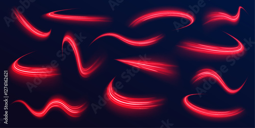 Light motion effect abstract luminous trace lines with neon fire flare  speed of light concept. Vector design for posters, banners, and visual art.