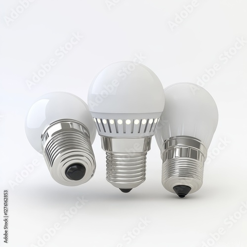 Three Modern LED Bulbs on White Background.
