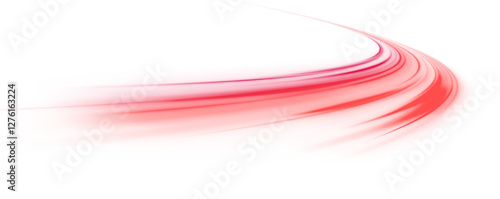 Glowing neon light trail element. Bright red-orange speed line wave  luminous curved swirl concept. Shiny fiery streaks for posters, banners transfer on white background in png format. 