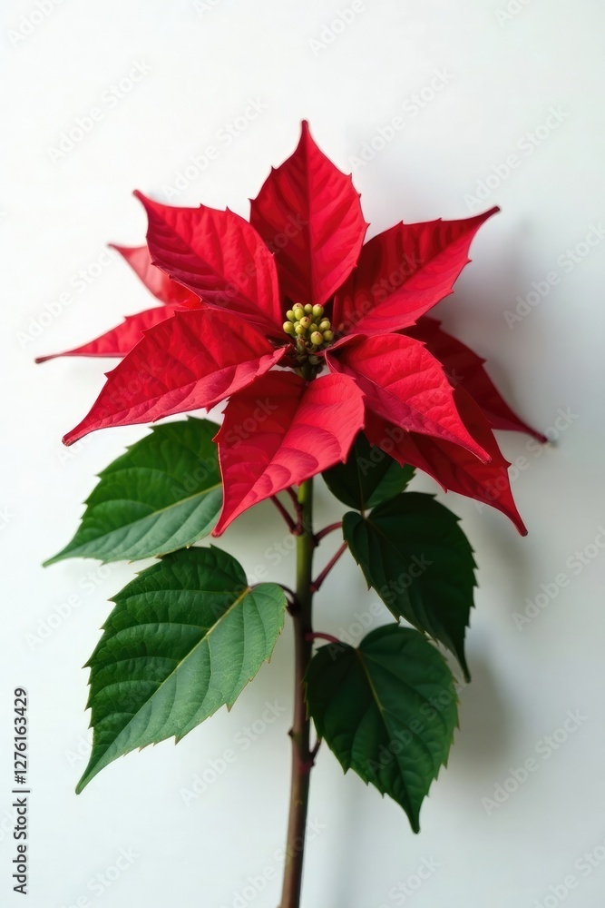 Dark green poinsettia plant with bright red flowers against a white Christmas background, Red, Dark green poinsettia plant with bright red flowers against a white Christmas background, Red,
