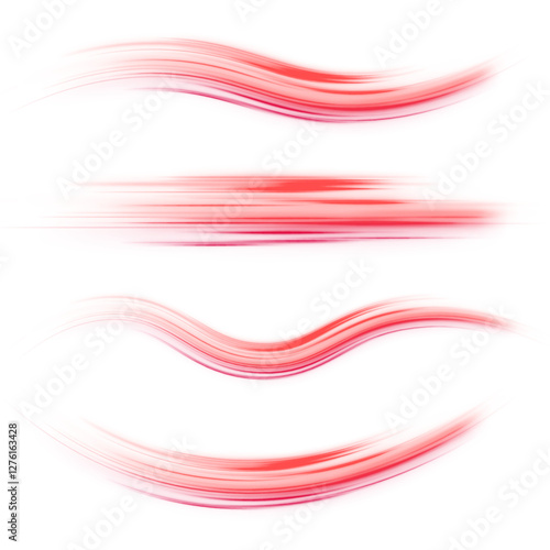 Shiny fiery red neon stripes on white transparent background PNG. Vivid curved light trails and flashing red light effects. Vector element on black background for stunning digital creations.	