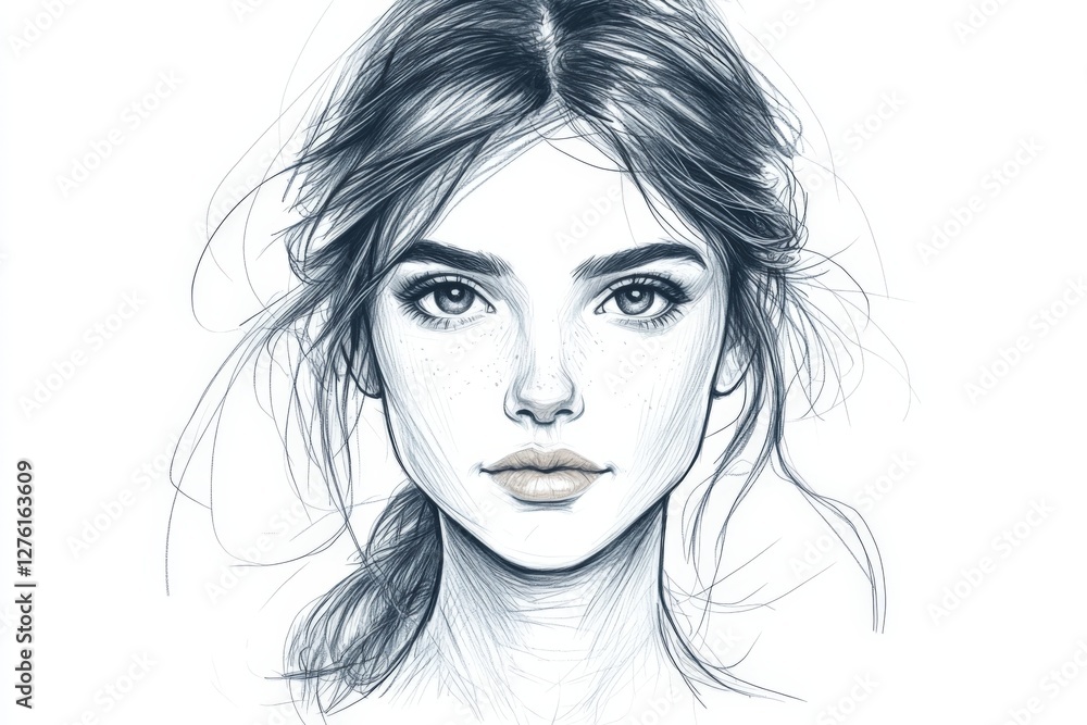 Portrait of a young woman with detailed features and soft expression, showcasing artistic technique and beauty Portrait of a young woman with detailed features and soft expression, showcasing artistic technique and beauty