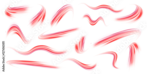 Vector set of glowing neon stripes and sparkling twinkling stars. Bright red neon effects for futuristic posters and digital artworks in PNG format.