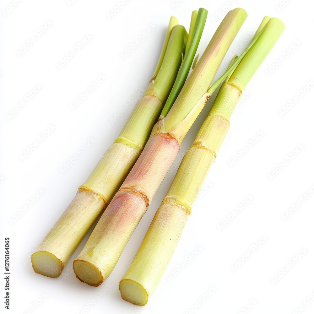Fototapeta premium Fresh Green Sugarcane Stalks on White Background.