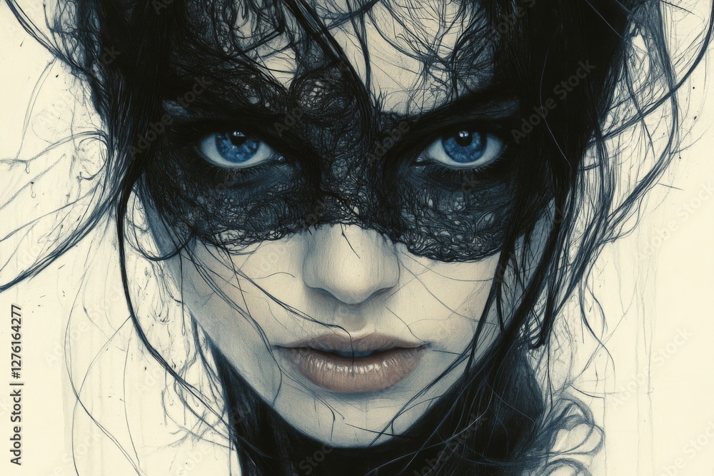 Artistic portrait of a woman with lace mask and striking blue eyes in a creative style Artistic portrait of a woman with lace mask and striking blue eyes in a creative style
