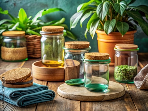 Eco-Friendly Glass Jars with Wooden Lids, Cork Coasters & Reusable Bags - Sustainable Lifestyle Stock Photo