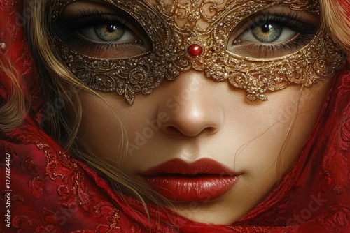 Wallpaper Mural Intricate golden mask adorns a woman's face in a rich red veil during a mysterious evening celebration Torontodigital.ca