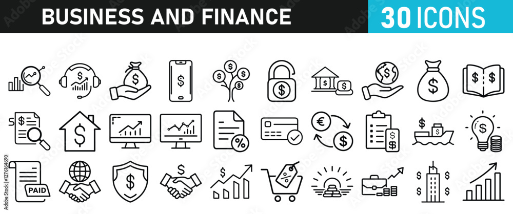 Business and Finance set of icons for web. Money and Payment icons for web and mobile app. Business, Money, payments, financial report, pay, banking, partner, coin, growth Business and Finance set of icons for web. Money and Payment icons for web and mobile app. Business, Money, payments, financial report, pay, banking, partner, coin, growth