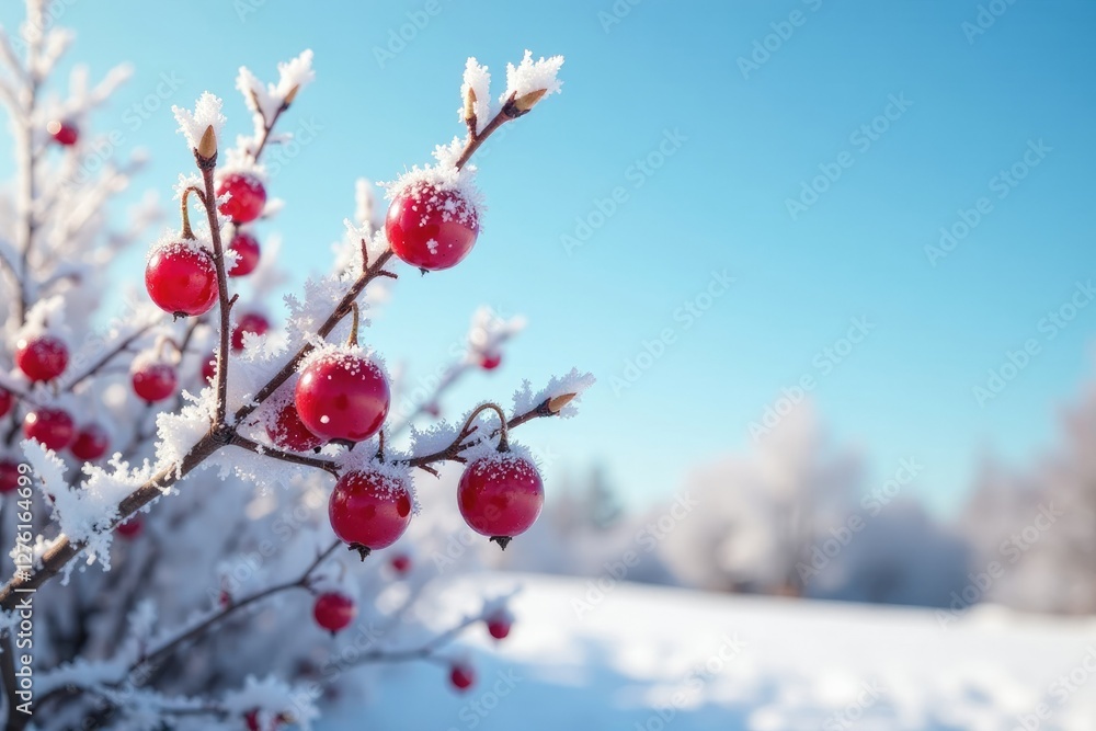 Frozen currant bush against a frosty blue sky, winter wonderland, beige background, blue sky Frozen currant bush against a frosty blue sky, winter wonderland, beige background, blue sky