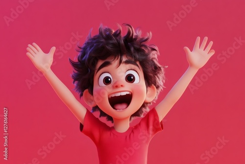 Smiling boy with curly hair celebrating joyful moments against a vibrant pink background