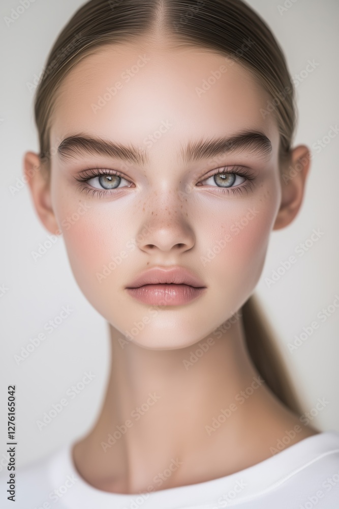 Close-up of a woman with flawless skin, glossy lips, and bold eyebrows Close-up of a woman with flawless skin, glossy lips, and bold eyebrows