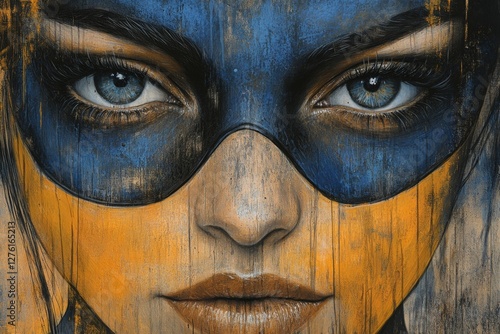 Portrait of a young woman with striking blue and orange face paint showcasing art and creativity in a vibrant urban setting