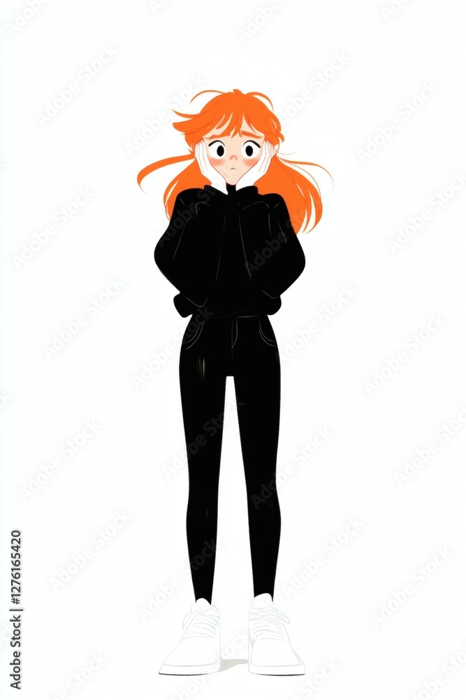 Girl with orange hair wearing a black hoodie and pants stands with hands in pockets, expressing surprise or curiosity Girl with orange hair wearing a black hoodie and pants stands with hands in pockets, expressing surprise or curiosity