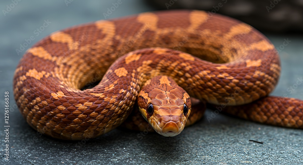 Fototapeta premium Close-up of Corn Snake Coiled on Gray Surface with Detailed Scales