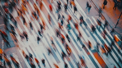 Blurred motion of a large crowd of people hurrying through a bustling city street at night creating a dynamic high energy atmosphere of urban life and modern metropolitan activity