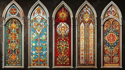 Vintage Stained Glass Windows with Intricate Geometric Patterns and Religious Themes  Decorative Colored Glass Panels from Medieval Church Buildings  Classic Mosaic Window Designs in Traditional Style