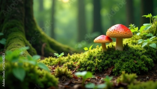 Mossy forest floor with marone mushrooms and ferns, trees, forest, earthy