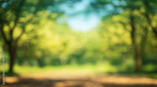 Soft-focus view of a lush green park bathed in warm sunlight, ideal for nature backgrounds, relaxation concepts, and eco-friendly designs in wellness and mindfulness projects