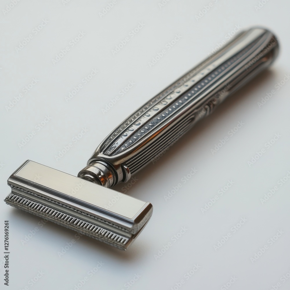 A sleek metal razor with a sharp blade, isolated on a clean white background A sleek metal razor with a sharp blade, isolated on a clean white background