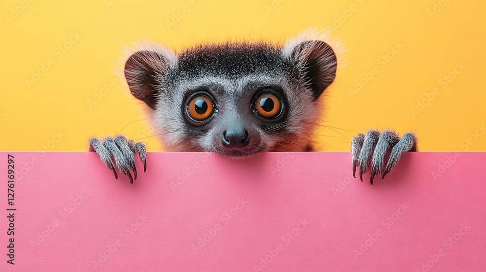 Creative animal design. Lorisidae curiously peeking over a vibrant pastel background. Advertisement, banner, card. Space for copy text. Creative animal design. Lorisidae curiously peeking over a vibrant pastel background. Advertisement, banner, card. Space for copy text.