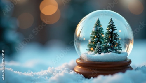 Small Christmas scene inside a snow globe with snow trees and pine, miniaturescape, snow globe