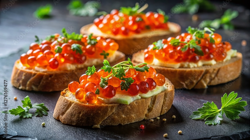 Elegant Panoramic Bruschetta with Creamy Salmon Caviar Garnish on Dark Background - Gourmet Food Photography Elegant Panoramic Bruschetta with Creamy Salmon Caviar Garnish on Dark Background - Gourmet Food Photography