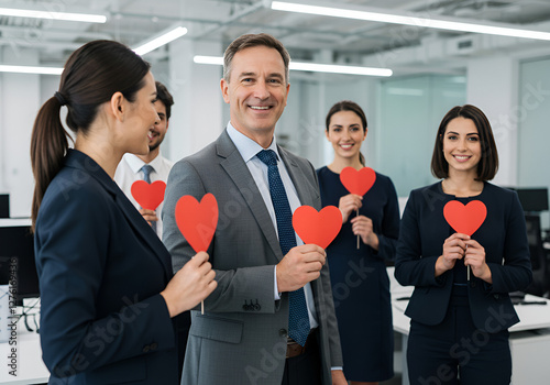 Group of business people stands in the office, holding red hearts. Love and togetherness, possibly in a volunteer or valentine day context, showcasing a diverse team united in purpose.
