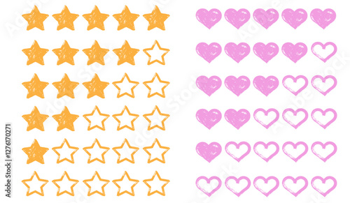 Set of hand drawn star and heart rating level bar for social reactions, review, and customer feedback. Bold marker brush drawn elements for product satisfaction, survey, and goal tracking