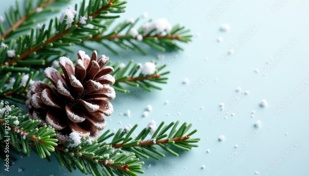 Snow-covered pinecone and evergreen branch arrangement, evergreen, holiday Snow-covered pinecone and evergreen branch arrangement, evergreen, holiday