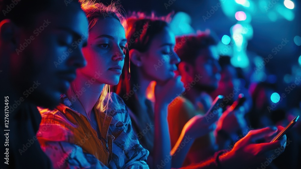 Social media rumors affecting a group of friends at a concert. Featuring distraction and unease Social media rumors affecting a group of friends at a concert. Featuring distraction and unease