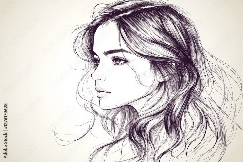 Elegant sketch of a woman with flowing hair showcasing graceful lines and intricate details in a minimalist style Elegant sketch of a woman with flowing hair showcasing graceful lines and intricate details in a minimalist style