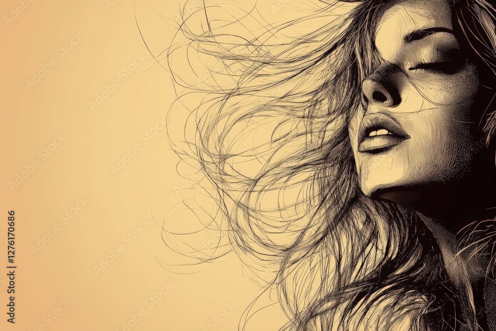 Portrait of a woman with flowing hair against a warm, minimalistic background capturing the essence of freedom and tranquility Portrait of a woman with flowing hair against a warm, minimalistic background capturing the essence of freedom and tranquility
