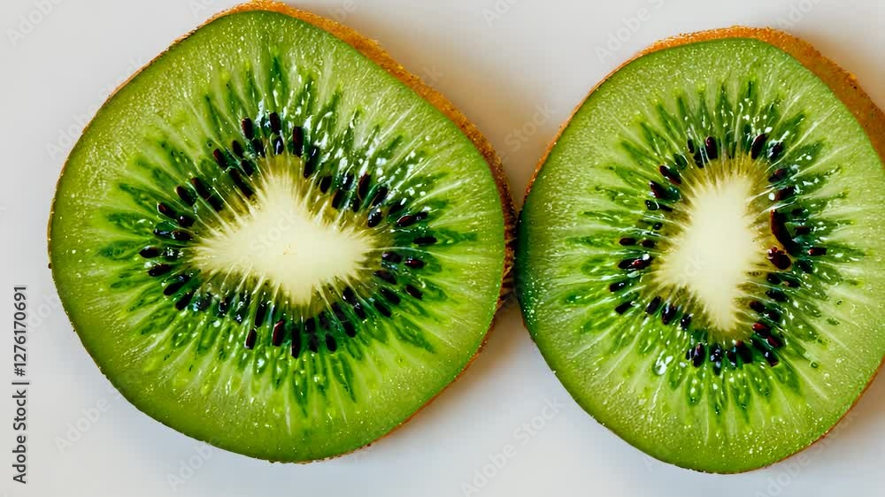 Two halves of kiwi fruit. Kiwi on a gray background with green leaves. A man is glaring at a slice of fruit. Two segments of lifestyle a kiwi.