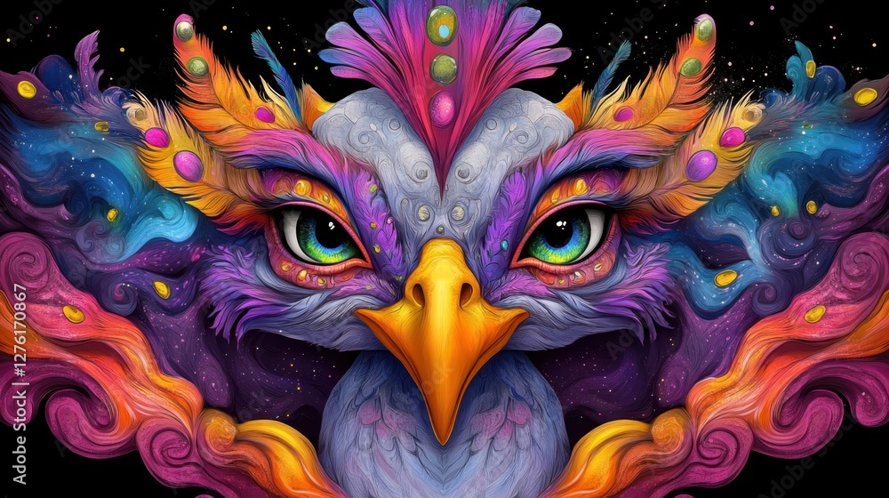 Vibrant multicolored fantasy bird, intricate details, jewel toned plumage, cosmic background, large expressive eyes, digital art Vibrant multicolored fantasy bird, intricate details, jewel toned plumage, cosmic background, large expressive eyes, digital art
