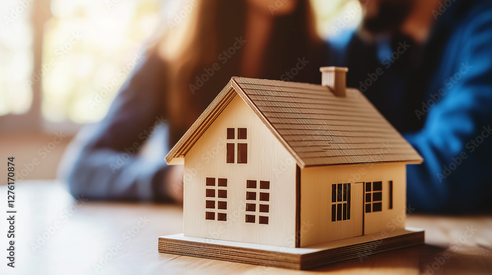 Wooden house model on table with couple in background, symbolizing home ownership, real estate investment, and future family planning Wooden house model on table with couple in background, symbolizing home ownership, real estate investment, and future family planning