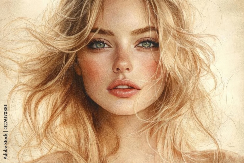 Stunning portrait of a woman with flowing blonde hair and captivating green eyes in soft natural light Stunning portrait of a woman with flowing blonde hair and captivating green eyes in soft natural light