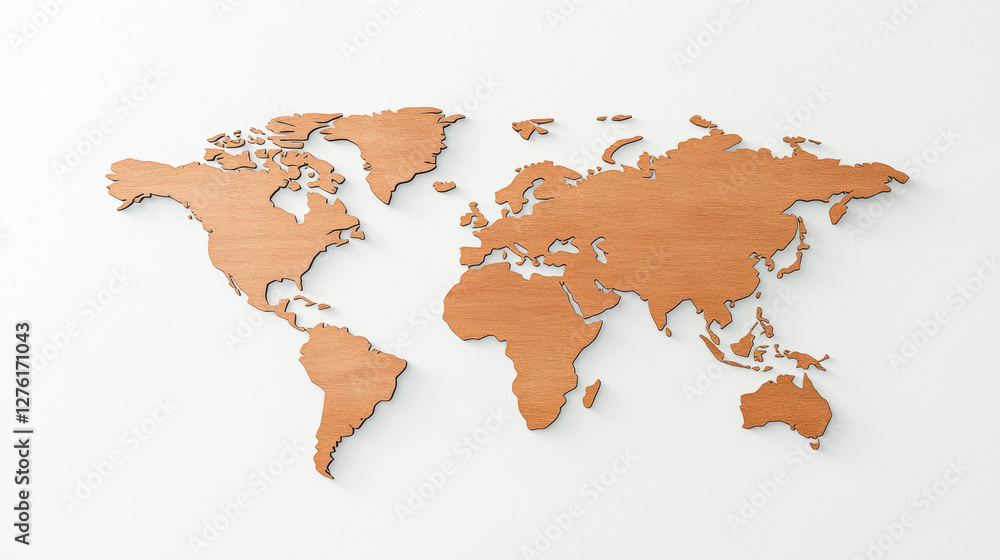 Wooden world map on white background, showcasing continents in minimalist style Wooden world map on white background, showcasing continents in minimalist style