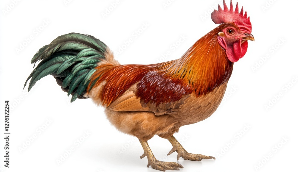 Rooster with reddish brown plumage, a vibrant red comb and wattles, and a long, dark green teal tail. The bird is captured in profile view against a Rooster with reddish brown plumage, a vibrant red comb and wattles, and a long, dark green teal tail. The bird is captured in profile view against a