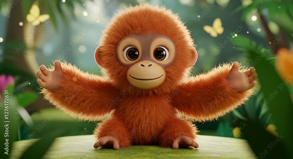 Fototapeta premium Adorable Baby Orangutan Reaching Out in Lush Jungle Illustration